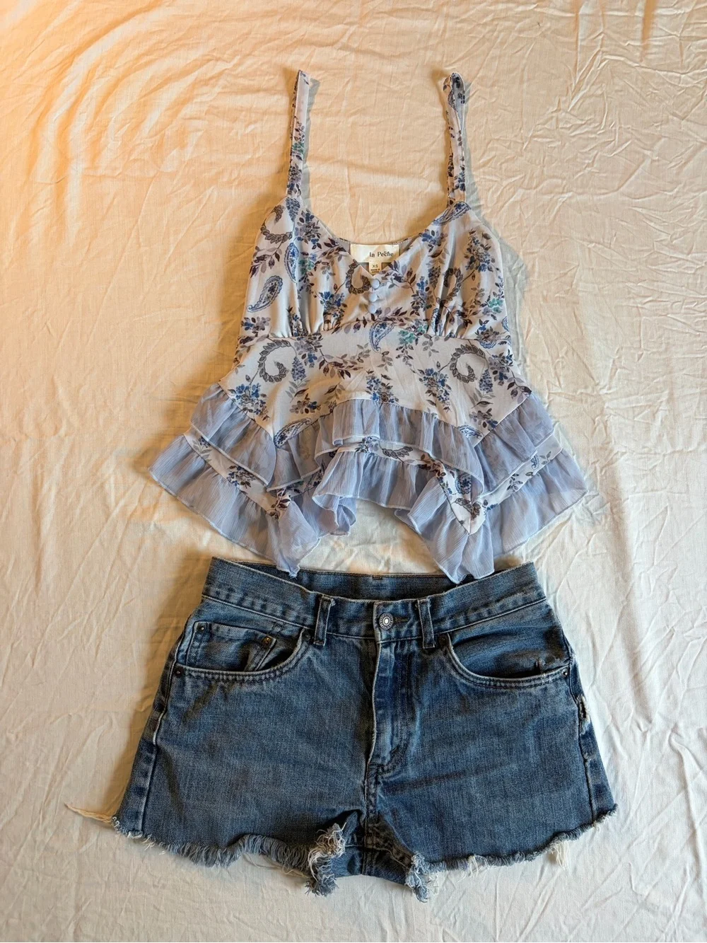 Free People Light Blue Paisley Ruffle Camisole